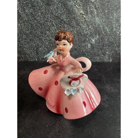 Vintage Lefton "May" Girl Porcelain Figurine 4.5"x4" Pink Dress With Hat & Blueb - Picture 7 of 8